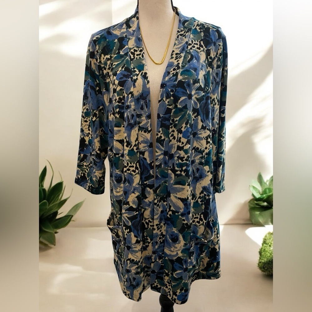 Denim & Company Blue Flowered Long Sweater Sz 1X